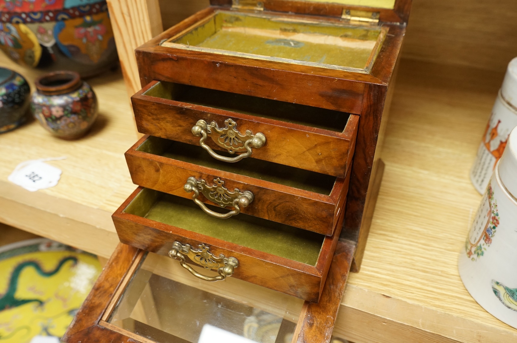 A Victorian burr walnut jewellery casket with three drawers, with key, 21cm high